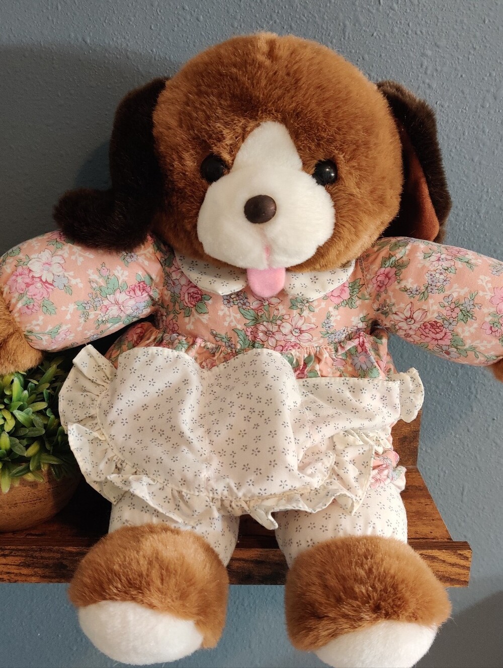 Vintage 80s Puppy Plush In Floral Dress Cute Girl Dog Pockets Lace Flowers 16"